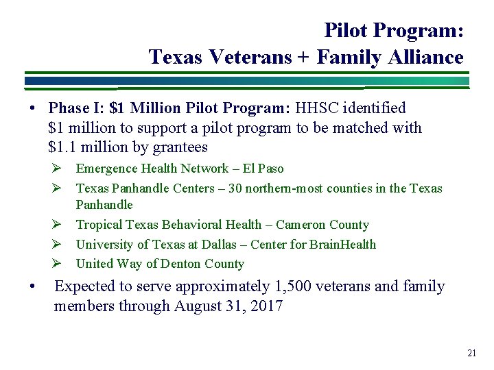Pilot Program: Texas Veterans + Family Alliance • Phase I: $1 Million Pilot Program: