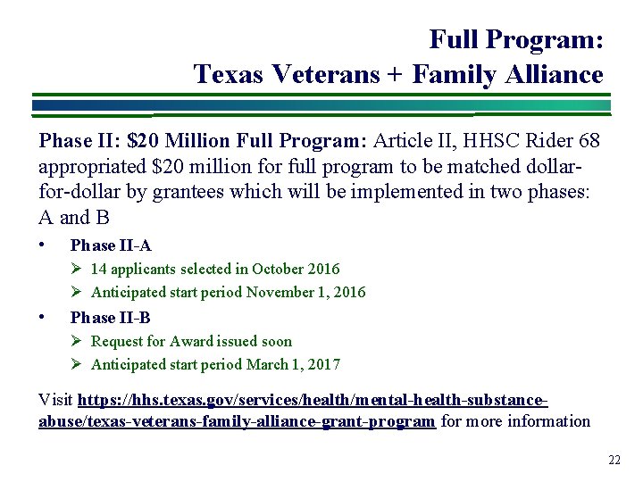 Full Program: Texas Veterans + Family Alliance Phase II: $20 Million Full Program: Article