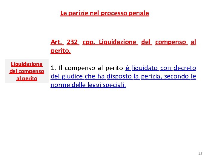 Le perizie nel processo penale Art. 232 cpp.  Liquidazione del compenso al perito 1.