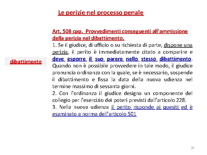 Le perizie nel processo penale dibattimento Art. 508 cpp.  Provvedimenti conseguenti all'ammissione della perizia