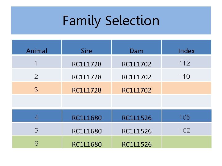 Family Selection Animal Sire Dam Index 1 2 3 4 5 6 RC 1