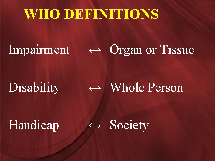 WHO DEFINITIONS Impairment ↔ Organ or Tissue Disability ↔ Whole Person Handicap ↔ Society