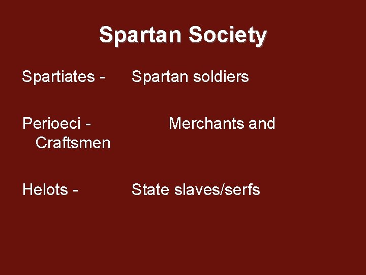 Spartan Society Spartiates - Spartan soldiers Perioeci - Craftsmen Helots - Merchants and State