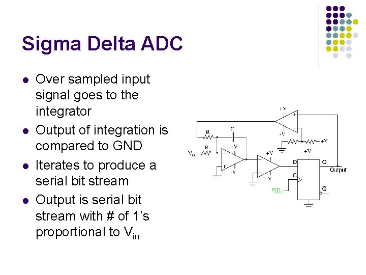 Sigma Delta ADC l l Over sampled input signal goes to the integrator Output