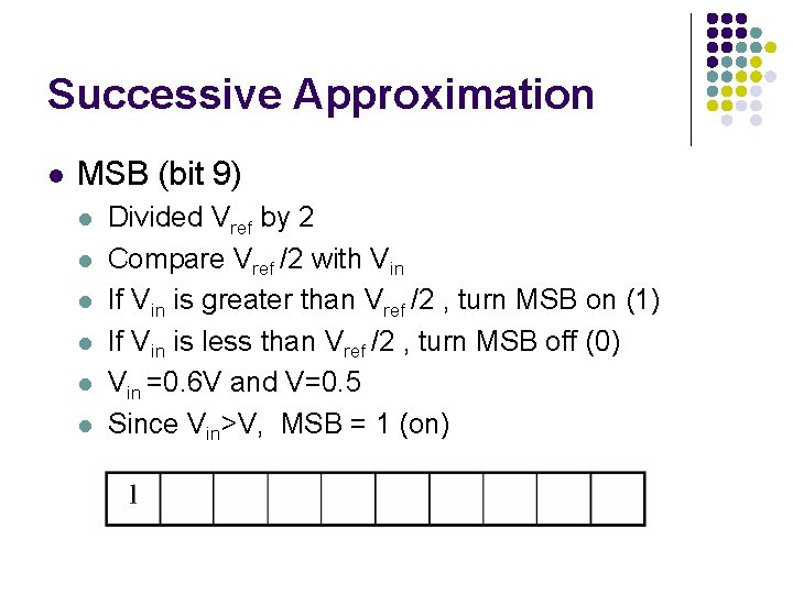 Successive Approximation l MSB (bit 9) l l l Divided Vref by 2 Compare