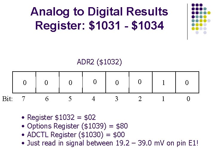 Analog to Digital Results Register: $1031 - $1034 ADR 2 ($1032) Bit: 0 0