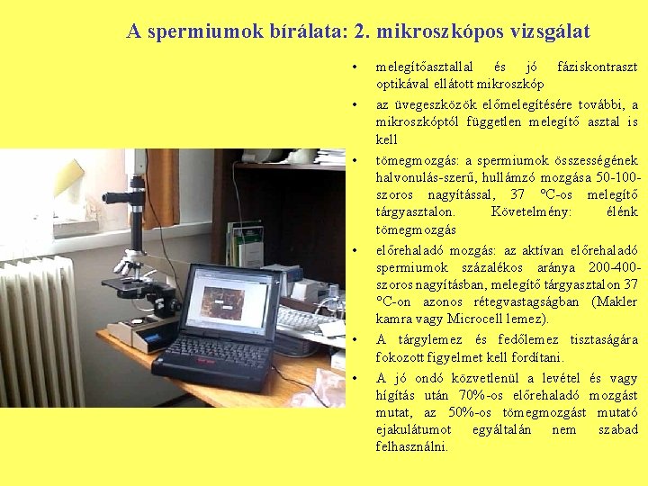A spermiumok bírálata: 2. mikroszkópos vizsgálat • • • melegítőasztallal és jó fáziskontraszt optikával