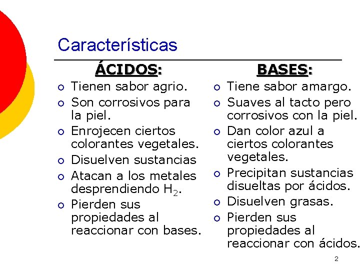 Características ÁCIDOS: ¡ ¡ ¡ Tienen sabor agrio. Son corrosivos para la piel. Enrojecen