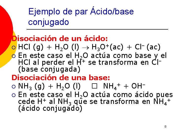 Ejemplo de par Ácido/base conjugado Disociación de un ácido: ¡ HCl (g) + H