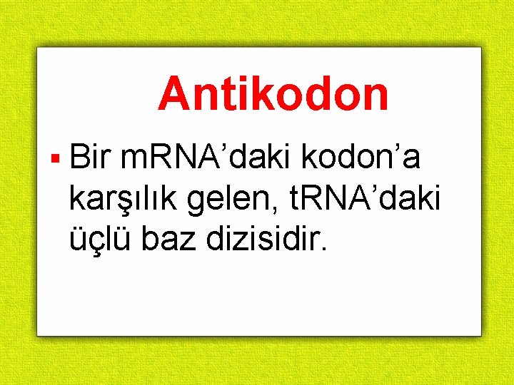 Antikodon § Bir m. RNA’daki kodon’a karşılık gelen, t. RNA’daki üçlü baz dizisidir. 