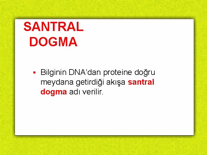 SANTRAL DOGMA § Bilginin DNA’dan proteine doğru meydana getirdiği akışa santral dogma adı verilir.