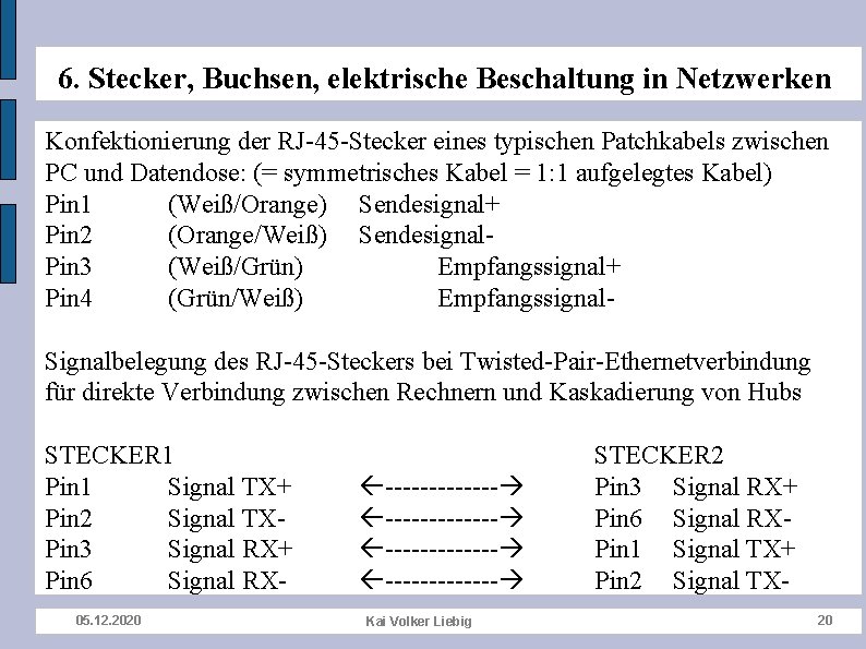 6. Stecker, Buchsen, elektrische Beschaltung in Netzwerken Konfektionierung der RJ-45 -Stecker eines typischen Patchkabels