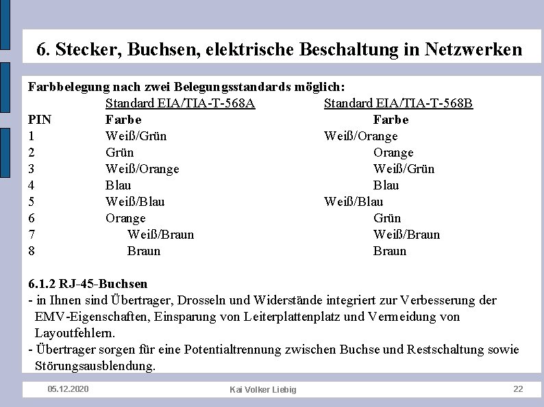 6. Stecker, Buchsen, elektrische Beschaltung in Netzwerken Farbbelegung nach zwei Belegungsstandards möglich: Standard EIA/TIA-T-568