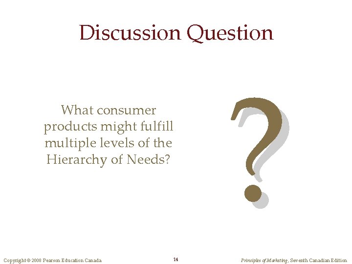 Discussion Question What consumer products might fulfill multiple levels of the Hierarchy of Needs?