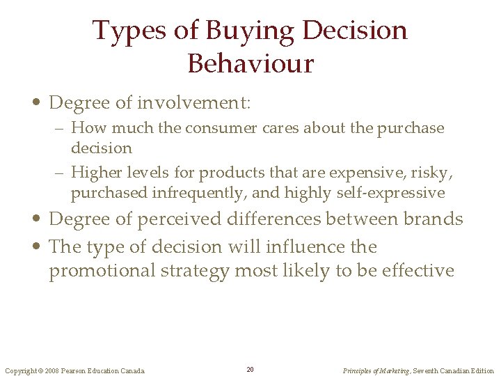 Types of Buying Decision Behaviour • Degree of involvement: – How much the consumer