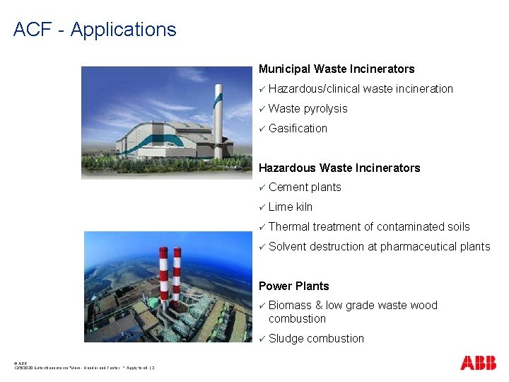 ACF - Applications Municipal Waste Incinerators ü Hazardous/clinical waste incineration ü Waste pyrolysis ü