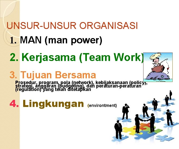 UNSUR-UNSUR ORGANISASI 1. MAN (man power) 2. Kerjasama (Team Work) 3. Tujuan Bersama Prosedur,