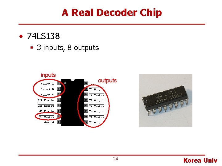 A Real Decoder Chip • 74 LS 138 § 3 inputs, 8 outputs inputs
