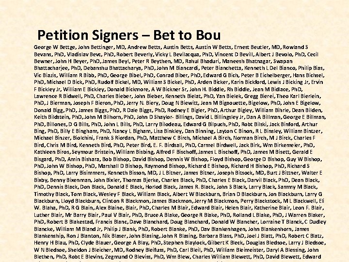  Petition Signers – Bet to Bou George W Bettge, John Bettinger, MD, Andrew