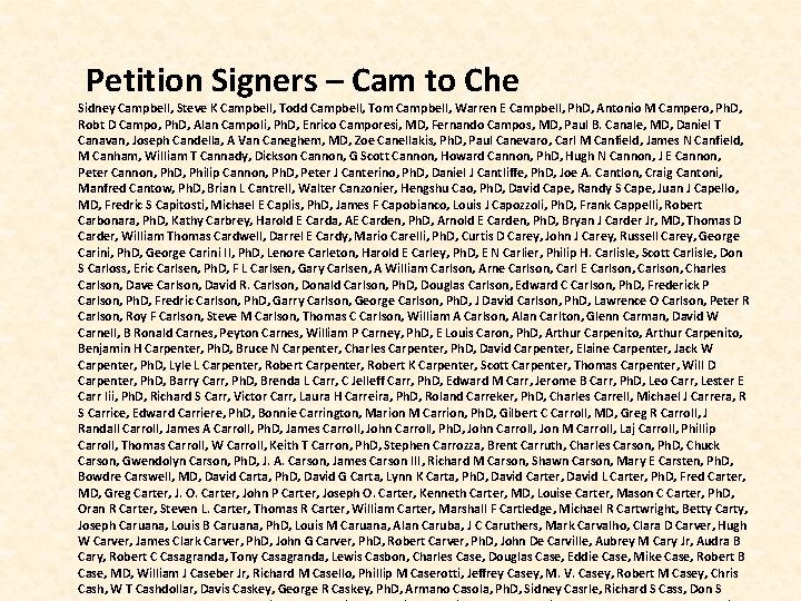 Petition Signers – Cam to Che Sidney Campbell, Steve K Campbell, Todd Campbell,