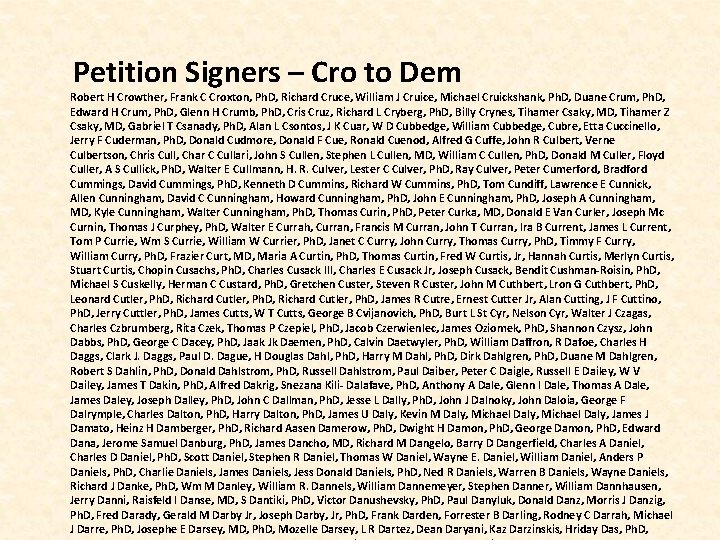  Petition Signers – Cro to Dem Robert H Crowther, Frank C Croxton, Ph.