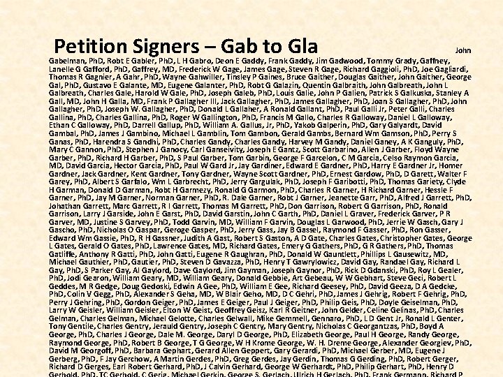  Petition Signers – Gab to Gla John Gabelman, Ph. D, Robt E Gabler,