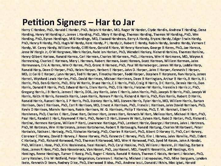  Petition Signers – Har to Jar Harry C Hardee, Ph. D, Harold C