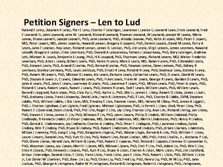  Petition Signers – Len to Lud Roland E Lentz, Stephen K Lentz, Pter