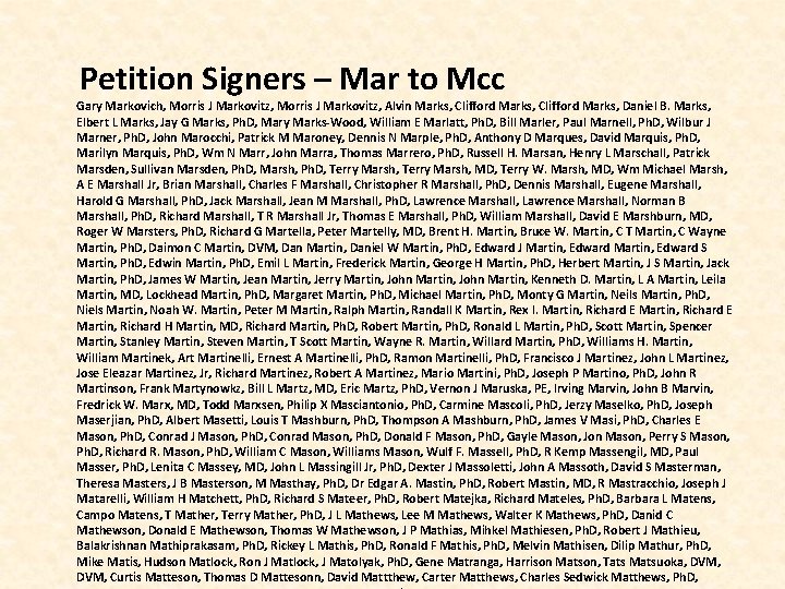  Petition Signers – Mar to Mcc Gary Markovich, Morris J Markovitz, Alvin Marks,