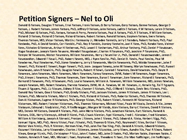  Petition Signers – Nel to Oli Donald G Nelson, Douglas T Nelson, Errol