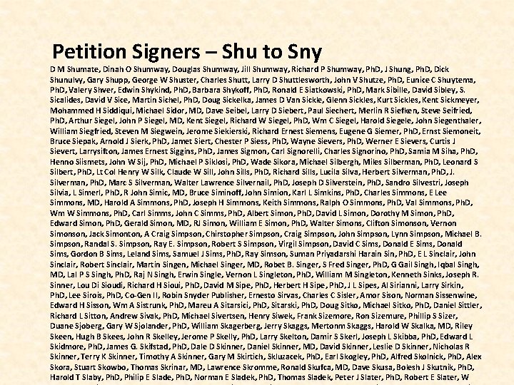  Petition Signers – Shu to Sny D M Shumate, Dinah O Shumway, Douglas