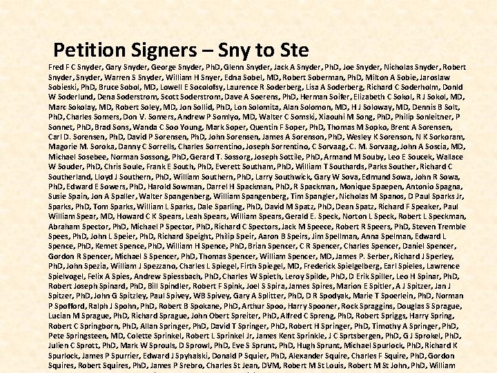  Petition Signers – Sny to Ste Fred F C Snyder, Gary Snyder, George