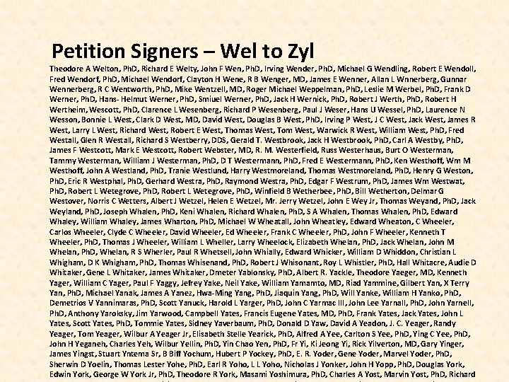  Petition Signers – Wel to Zyl Theodore A Welton, Ph. D, Richard E