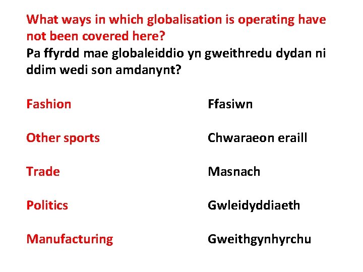 What ways in which globalisation is operating have not been covered here? Pa ffyrdd