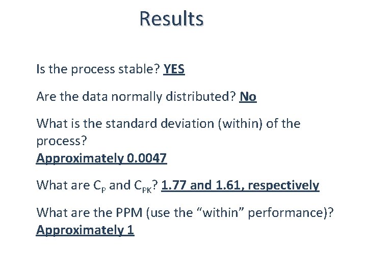 Results Is the process stable? YES Are the data normally distributed? No What is