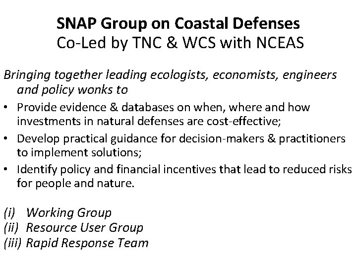 SNAP Group on Coastal Defenses Co-Led by TNC & WCS with NCEAS Bringing together
