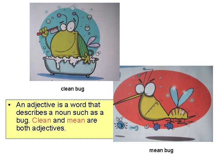 clean bug • An adjective is a word that describes a noun such as