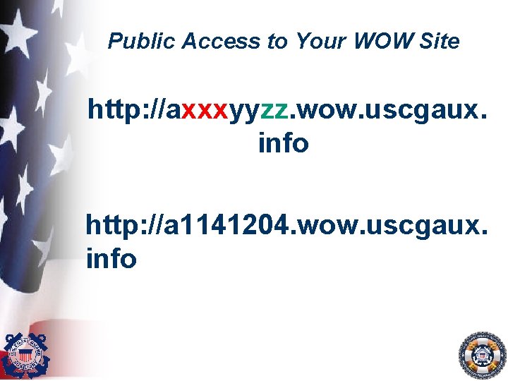 Public Access to Your WOW Site http: //axxxyyzz. wow. uscgaux. info http: //a 1141204.