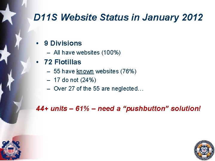 D 11 S Website Status in January 2012 • 9 Divisions – All have