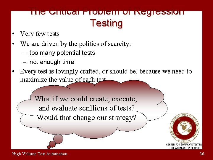 The Critical Problem of Regression Testing • Very few tests • We are driven