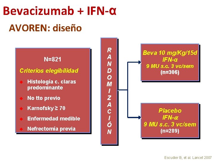Bevacizumab + IFN-α AVOREN: diseño N=821 Criterios elegibilidad u Histología c. claras predominante u Bevacizumab + IFN-α AVOREN: diseño N=821 Criterios elegibilidad u Histología c. claras predominante u
