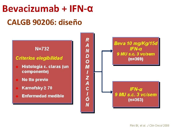 Bevacizumab + IFN-α CALGB 90206: diseño N=732 Criterios elegibilidad u Histología c. claras (un