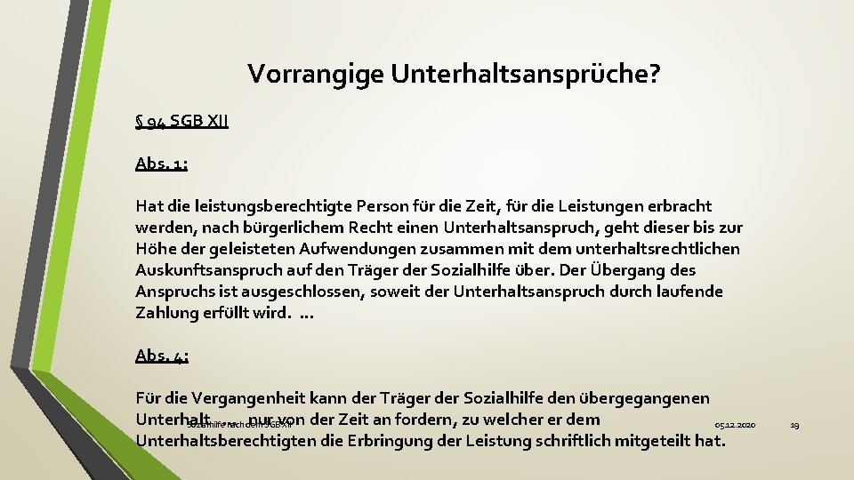 Vorrangige Unterhaltsansprüche? § 94 SGB XII Abs. 1: Hat die leistungsberechtigte Person für die