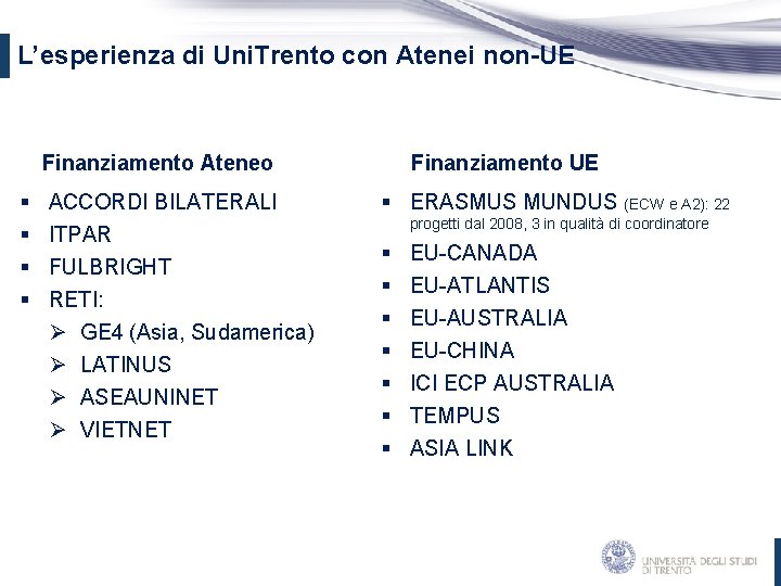 L’esperienza di Uni. Trento con Atenei non-UE Finanziamento Ateneo § § ACCORDI BILATERALI ITPAR