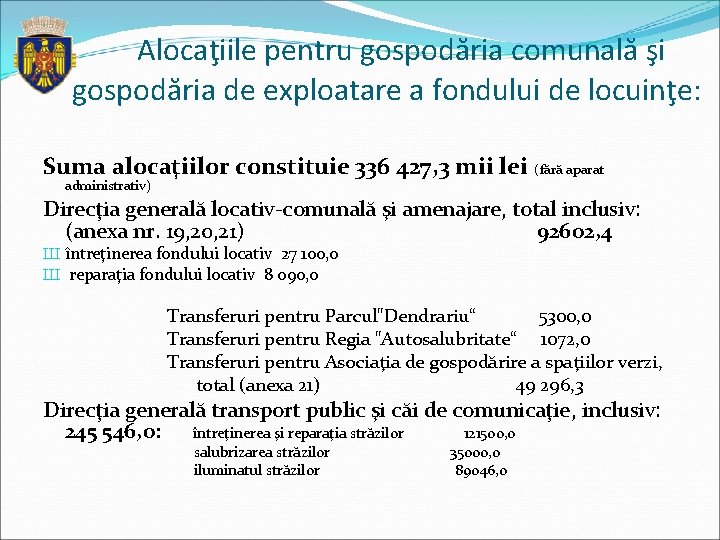 Alocaţiile pentru gospodăria comunală şi gospodăria de exploatare a fondului de locuinţe: Suma alocaţiilor Alocaţiile pentru gospodăria comunală şi gospodăria de exploatare a fondului de locuinţe: Suma alocaţiilor