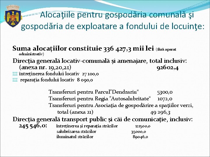 Alocaţiile pentru gospodăria comunală şi gospodăria de exploatare a fondului de locuinţe: Suma alocaţiilor