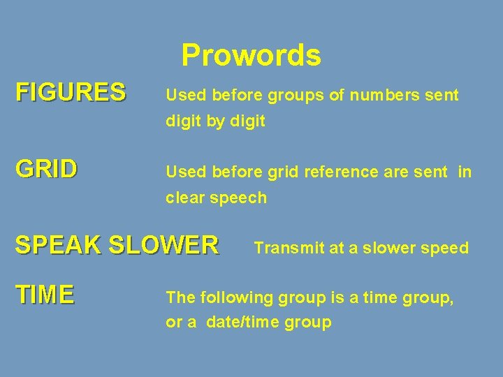 Prowords FIGURES Used before groups of numbers sent digit by digit GRID Used before