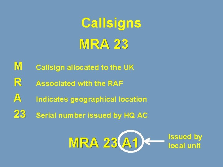 Callsigns MRA 23 M R A 23 Callsign allocated to the UK Associated with