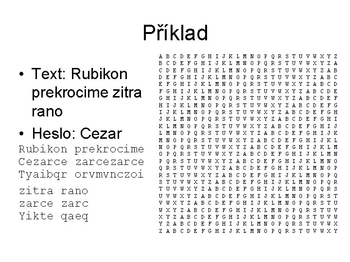 Příklad • Text: Rubikon prekrocime zitra rano • Heslo: Cezar Rubikon prekrocime Cezarce Tyaibqr