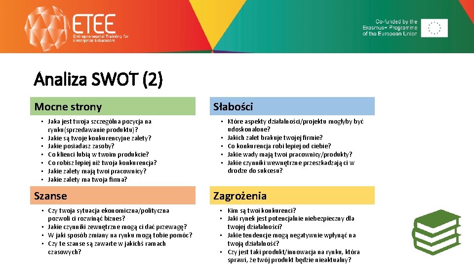 Analiza SWOT (2) Mocne strony • Jaka jest twoja szczególna pozycja na rynku(sprzedawanie produktu)?